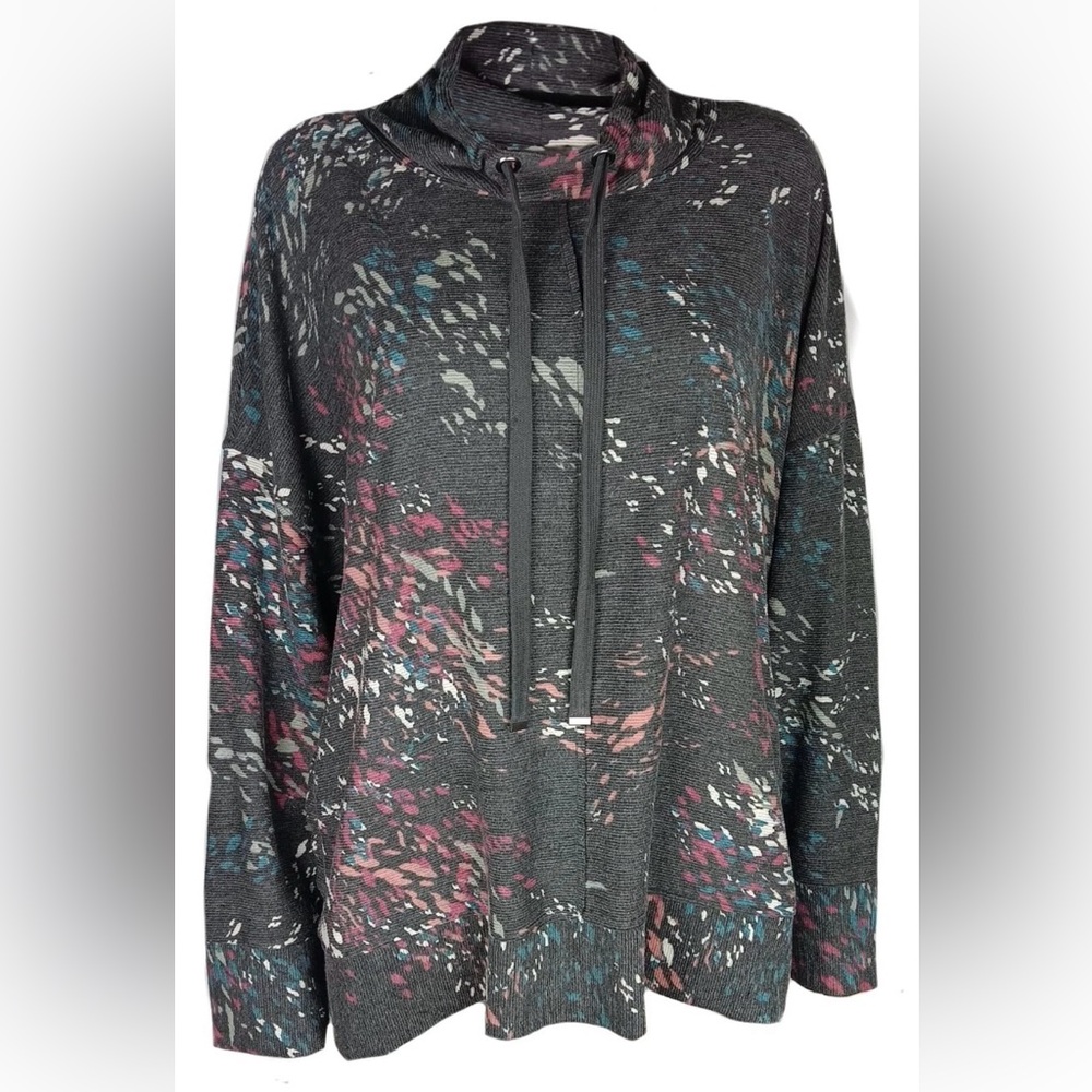 Westbound Top Women's Plus 1X  Gray Print Long Sleeve Pullover Drawstring NEW